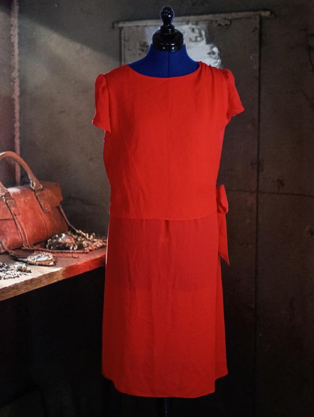 Vintage Red Short Sleeve Blouson Dress with Bow Detail